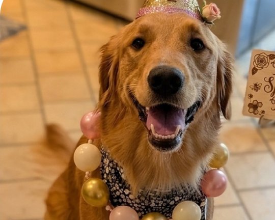 Rose the golden retriever in a sparkly party hat and a pink-and-gold beaded necklace, beaming next to a Rose's Special Day sign on her birthday